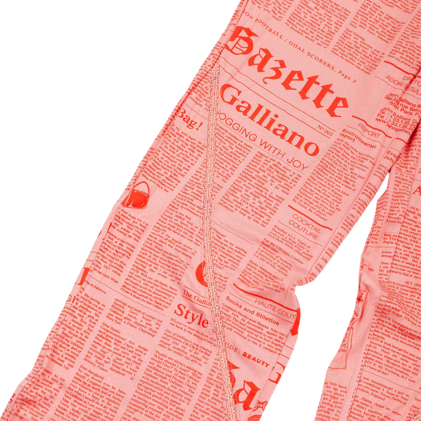 John Galliano Gazette Newspaper Print Pink Mesh Flared Pants