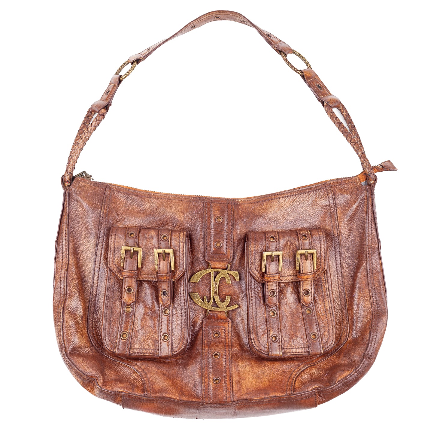 Just Cavalli Brown Leather Buckle Pocket Shoulder Bag