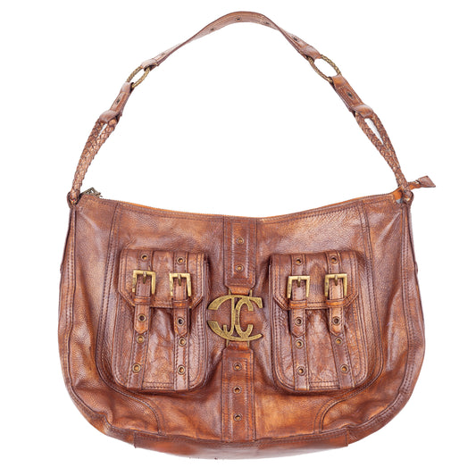 Just Cavalli Brown Leather Buckle Pocket Shoulder Bag