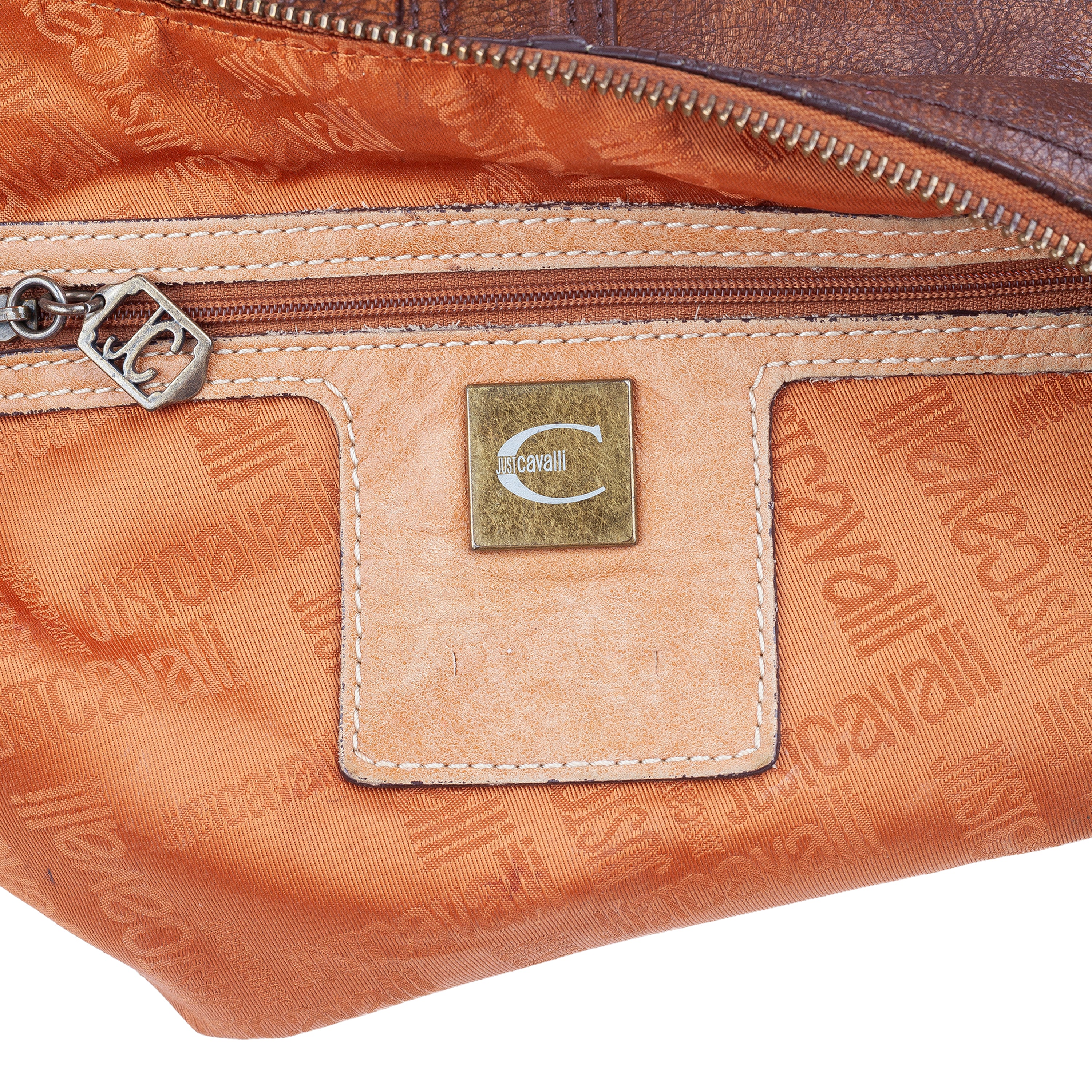 Just Cavalli Brown Leather Buckle Pocket Shoulder Bag
