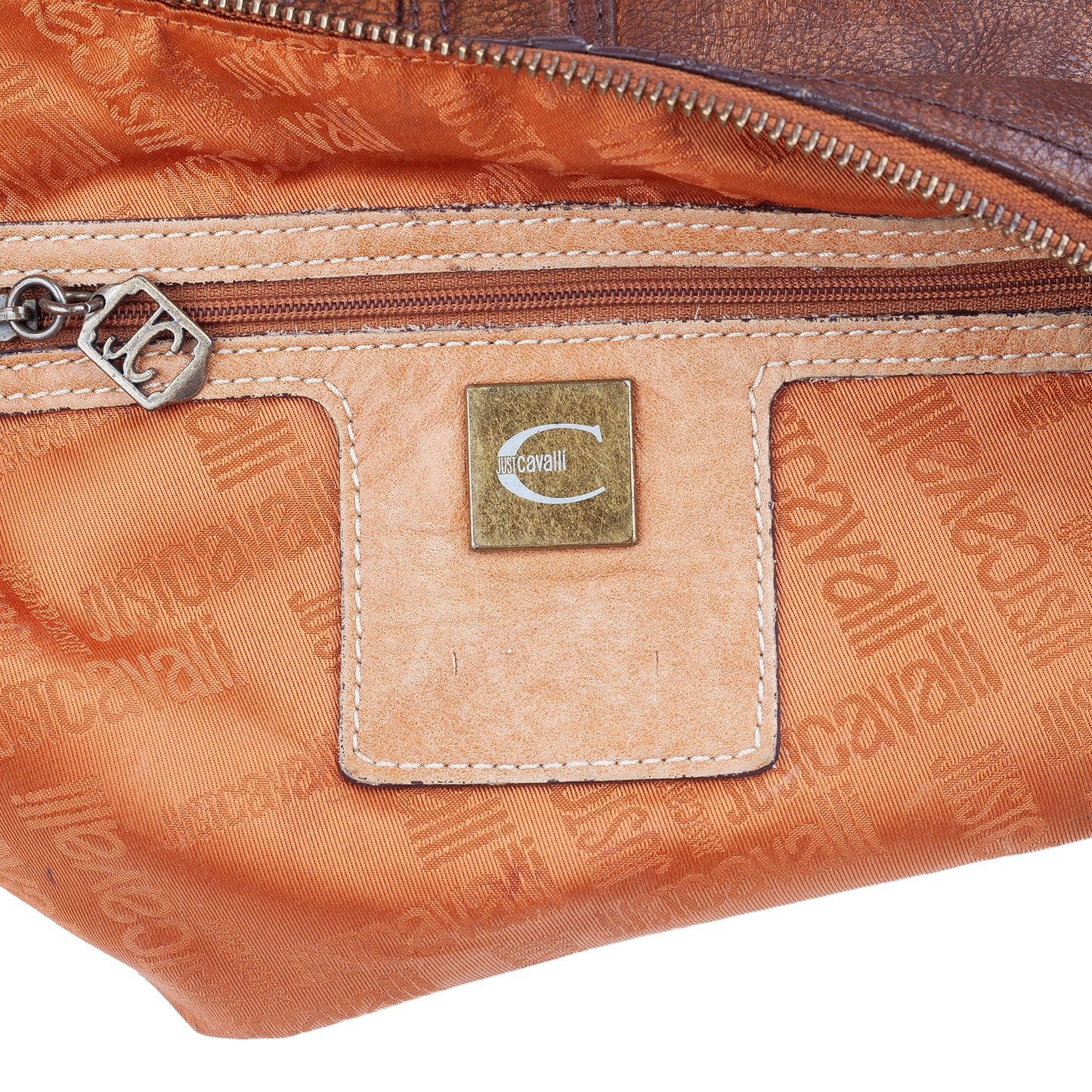 Just Cavalli Brown Leather Buckle Pocket Shoulder Bag