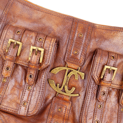 Just Cavalli Brown Leather Buckle Pocket Shoulder Bag