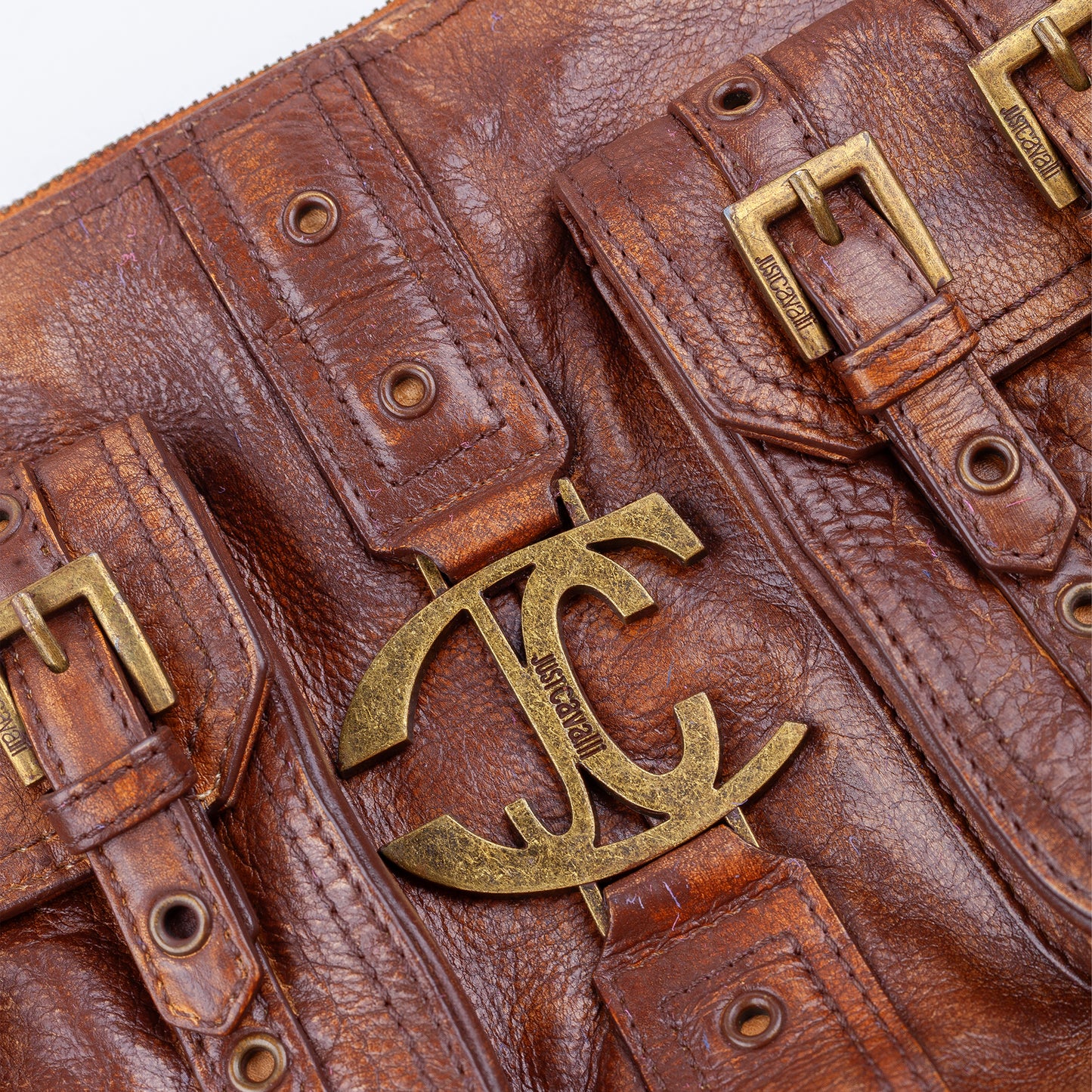 Just Cavalli Brown Leather Buckle Pocket Shoulder Bag