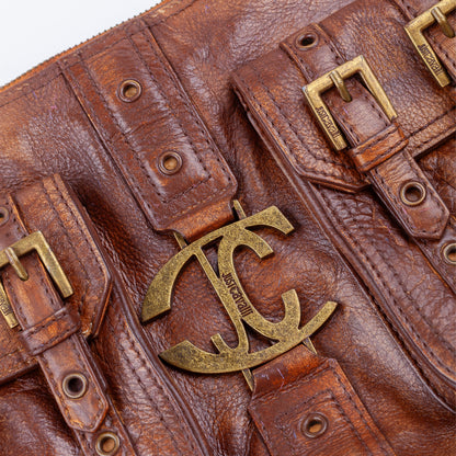 Just Cavalli Brown Leather Buckle Pocket Shoulder Bag