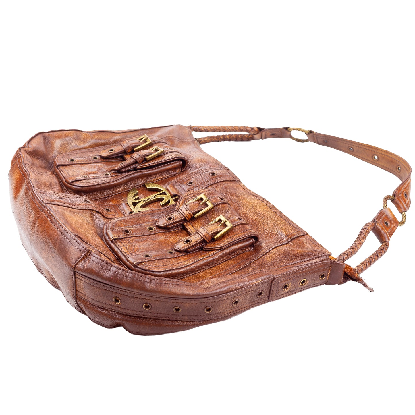 Just Cavalli Brown Leather Buckle Pocket Shoulder Bag
