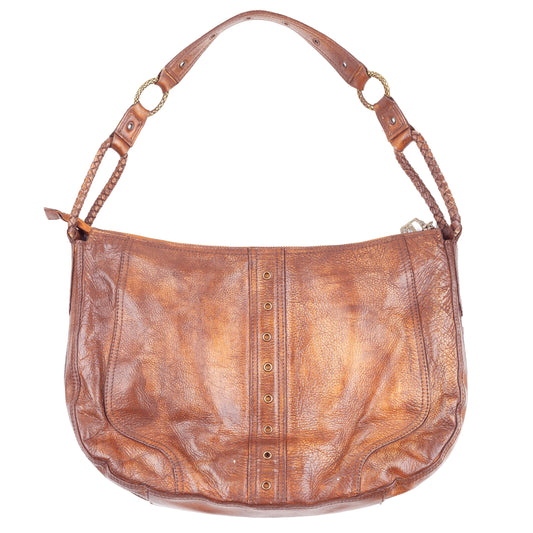 Just Cavalli Brown Leather Buckle Pocket Shoulder Bag