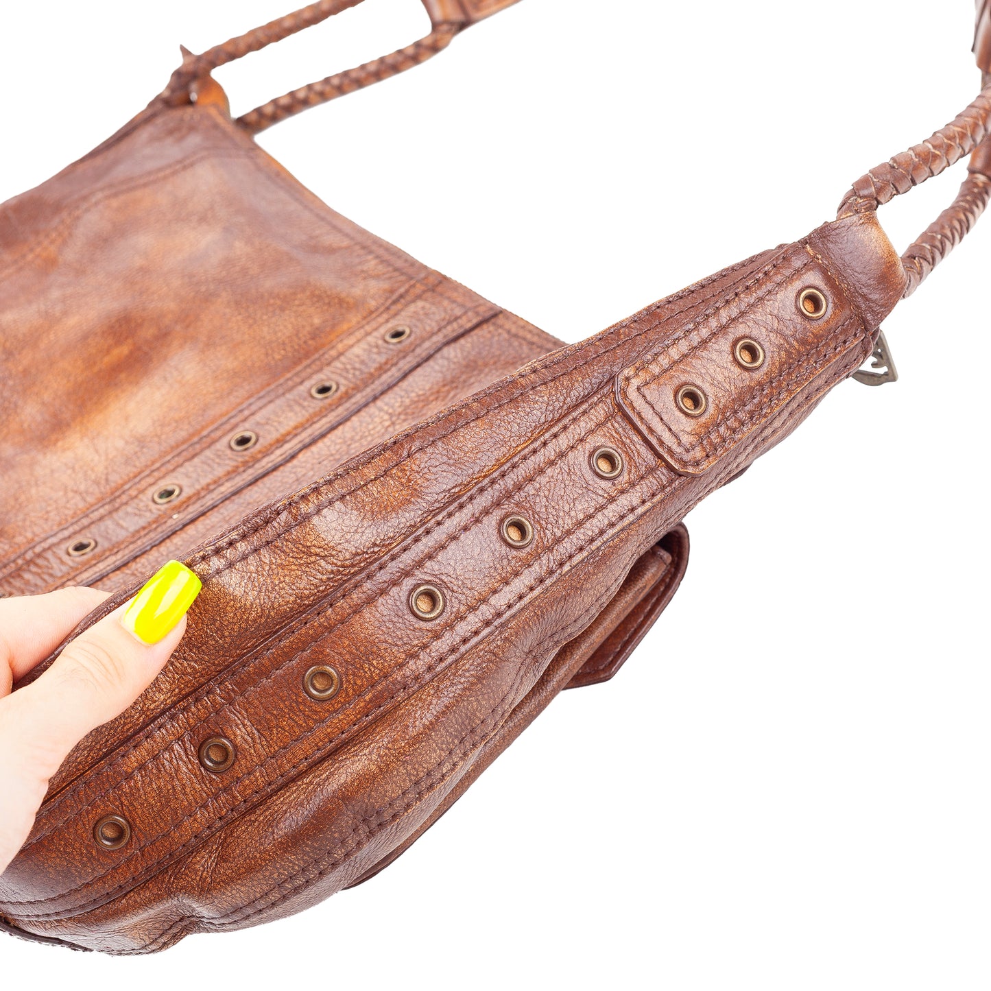 Just Cavalli Brown Leather Buckle Pocket Shoulder Bag