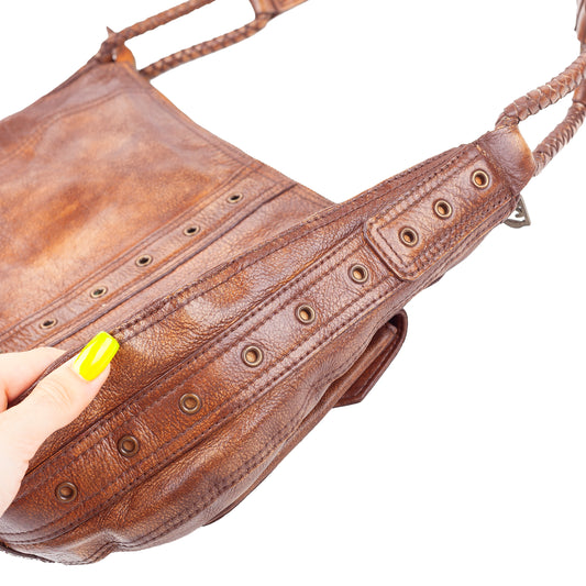 Just Cavalli Brown Leather Buckle Pocket Shoulder Bag