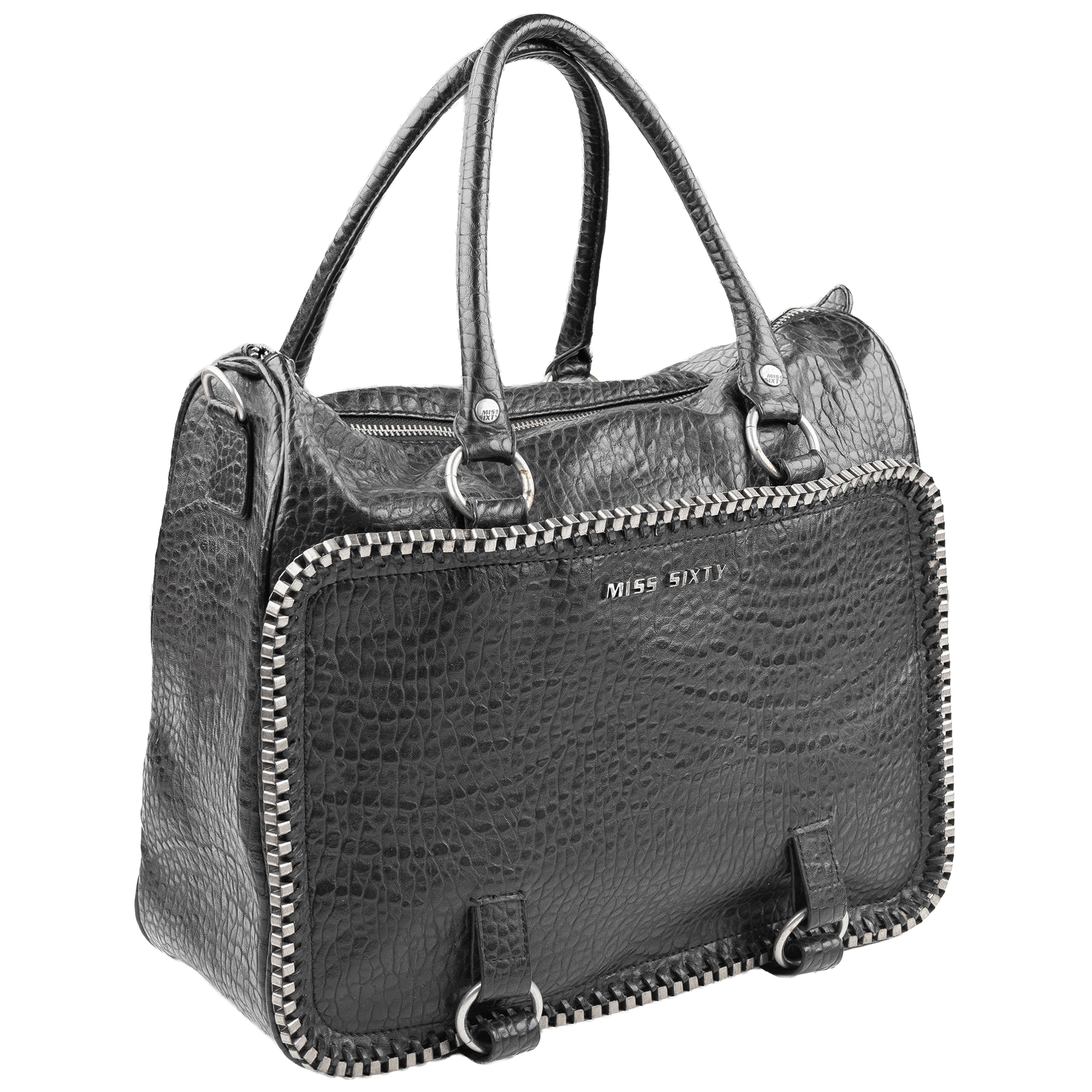Miss Sixty Black Croc-Effect Frame Zip Handbag