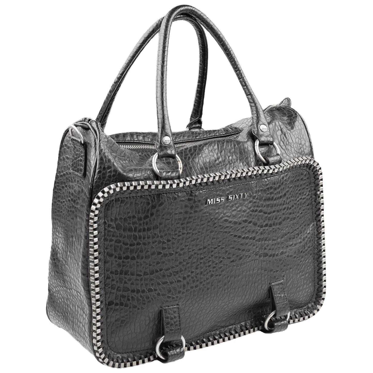 Miss Sixty Black Croc-Effect Frame Zip Handbag