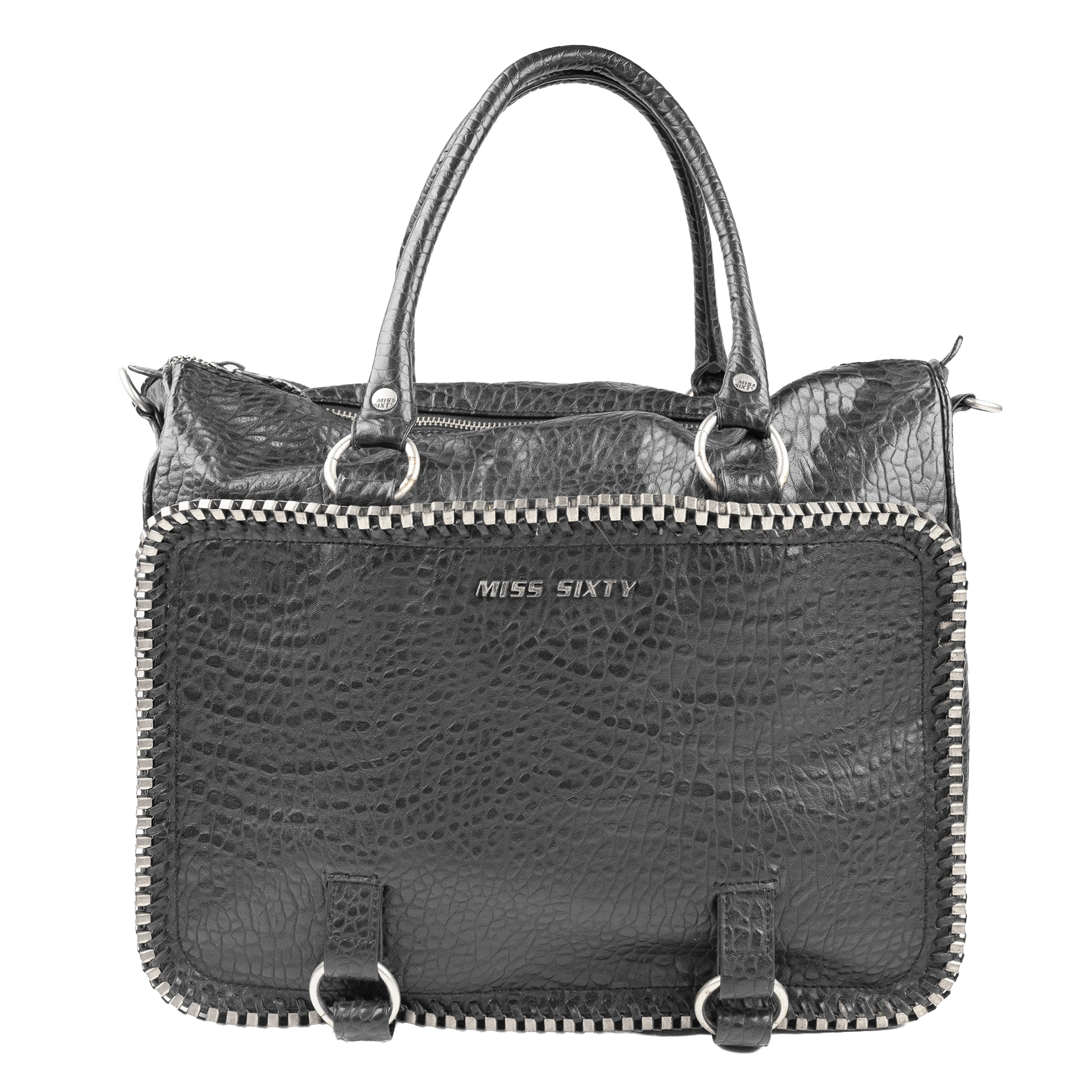 Miss Sixty Black Croc-Effect Frame Zip Handbag