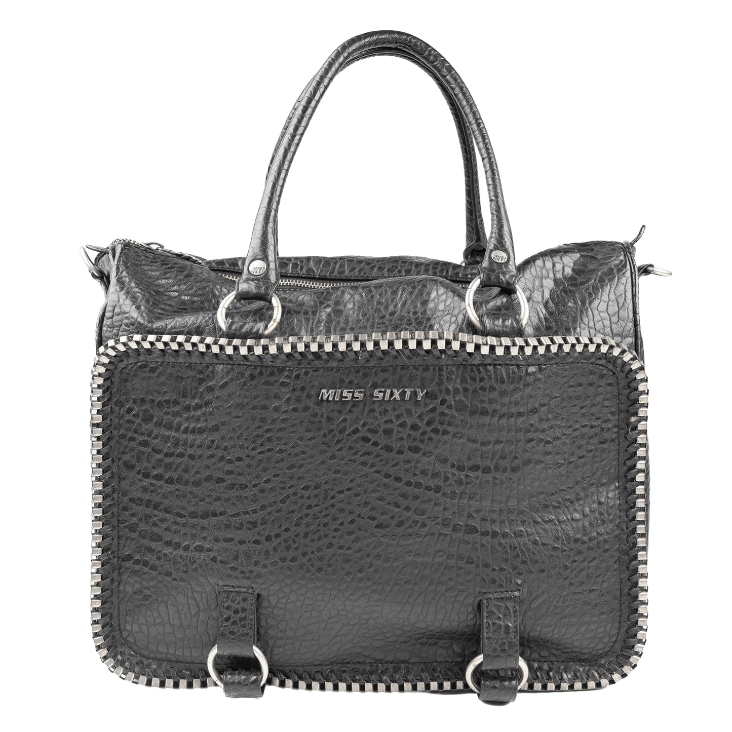 Miss Sixty Black Croc-Effect Frame Zip Handbag