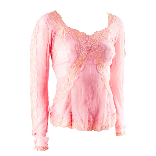 Dolce & Gabbana See-Through Pink Silk Lace Long Sleeve Top (M)
