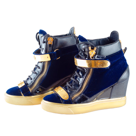 Giuseppe Zanotti Navy Golden Velour Wedge Sneakers