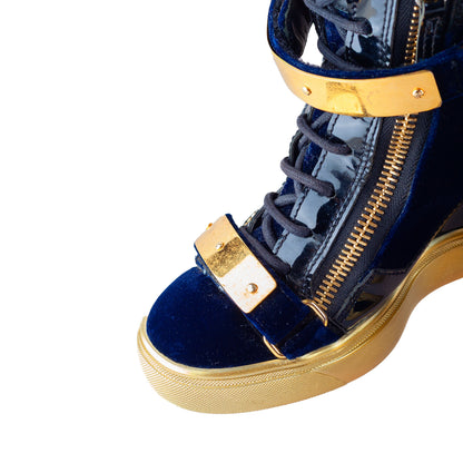 Giuseppe Zanotti Navy Golden Velour Wedge Sneakers  