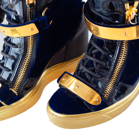 Giuseppe Zanotti Navy Golden Velour Wedge Sneakers