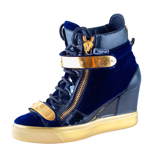 Giuseppe Zanotti Navy Golden Velour Wedge Sneakers