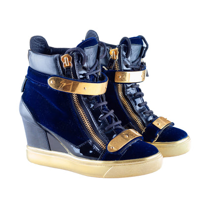 Giuseppe Zanotti Navy Golden Velour Wedge Sneakers  