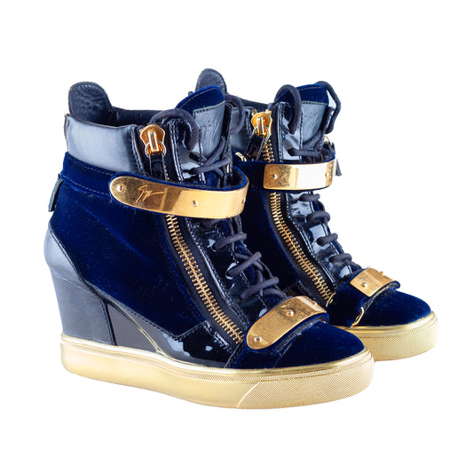 Giuseppe Zanotti Navy Golden Velour Wedge Sneakers