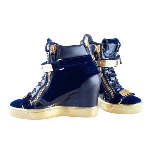 Giuseppe Zanotti Navy Golden Velour Wedge Sneakers