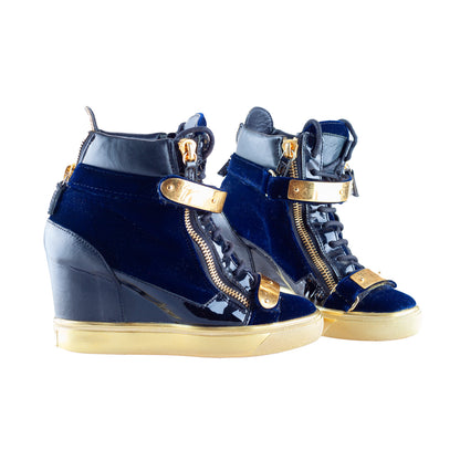 Giuseppe Zanotti Navy Golden Velour Wedge Sneakers  