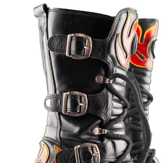 New Rock Vintage Malicia Red Flames Biker Chunky Heel Platform Mid Calf Boots (36 EU)