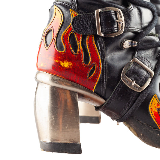 New Rock Vintage Malicia Red Flames Biker Chunky Heel Platform Mid Calf Boots (36 EU)