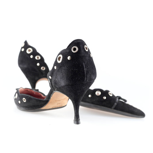 Prada Black Suede Eyelet Bow Kitten Heels (39 EU)
