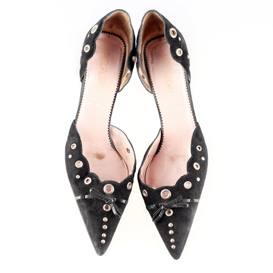 Prada Black Suede Eyelet Bow Kitten Heels (39 EU)