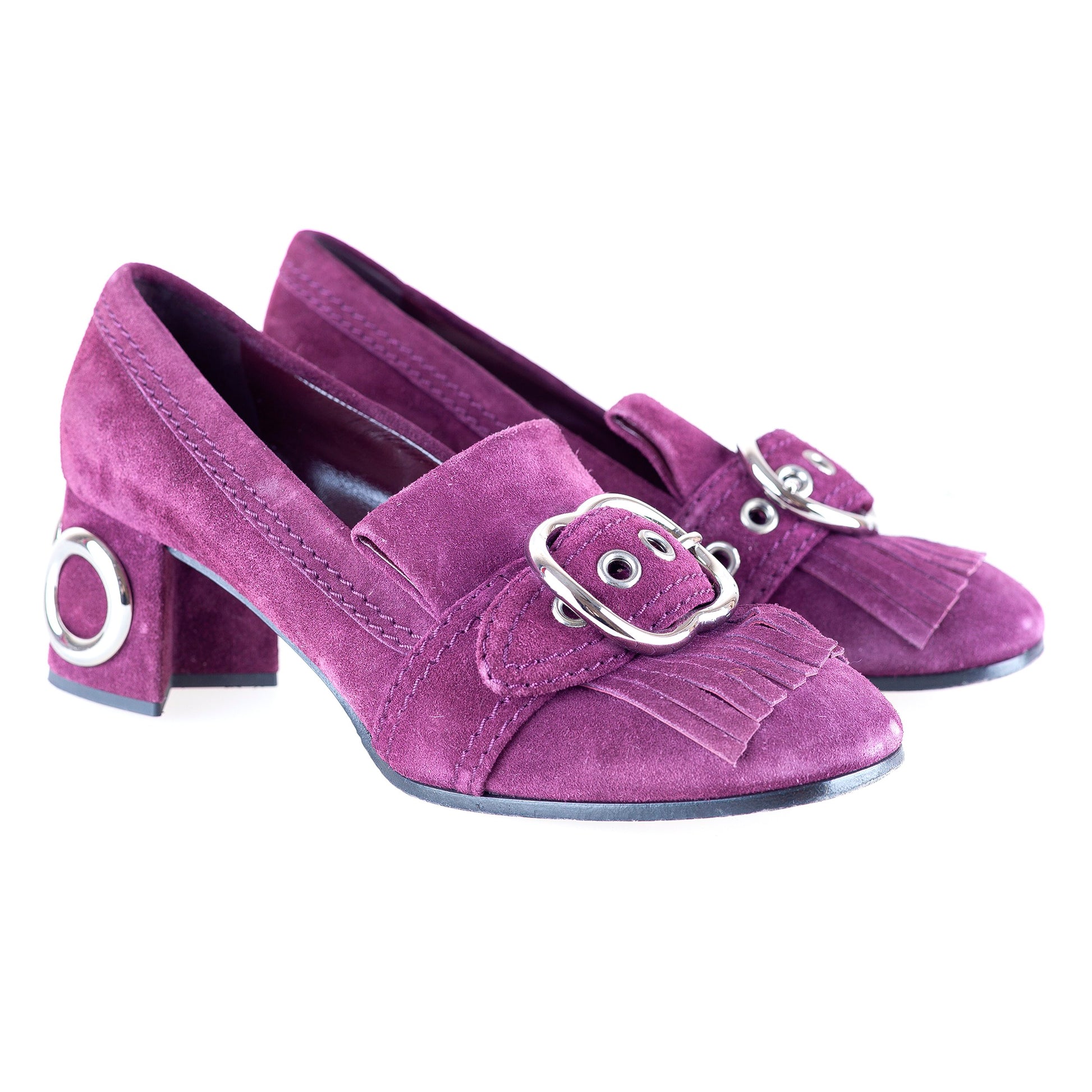 Miu Miu Purple Suede Buckle Heels (38 EU)