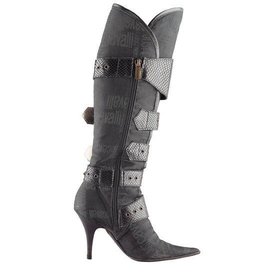 Just Cavalli Black Monogram Vintage Pointed Toe Boots (38 EU)