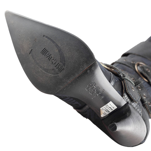 Just Cavalli Black Monogram Vintage Pointed Toe Boots (38 EU)