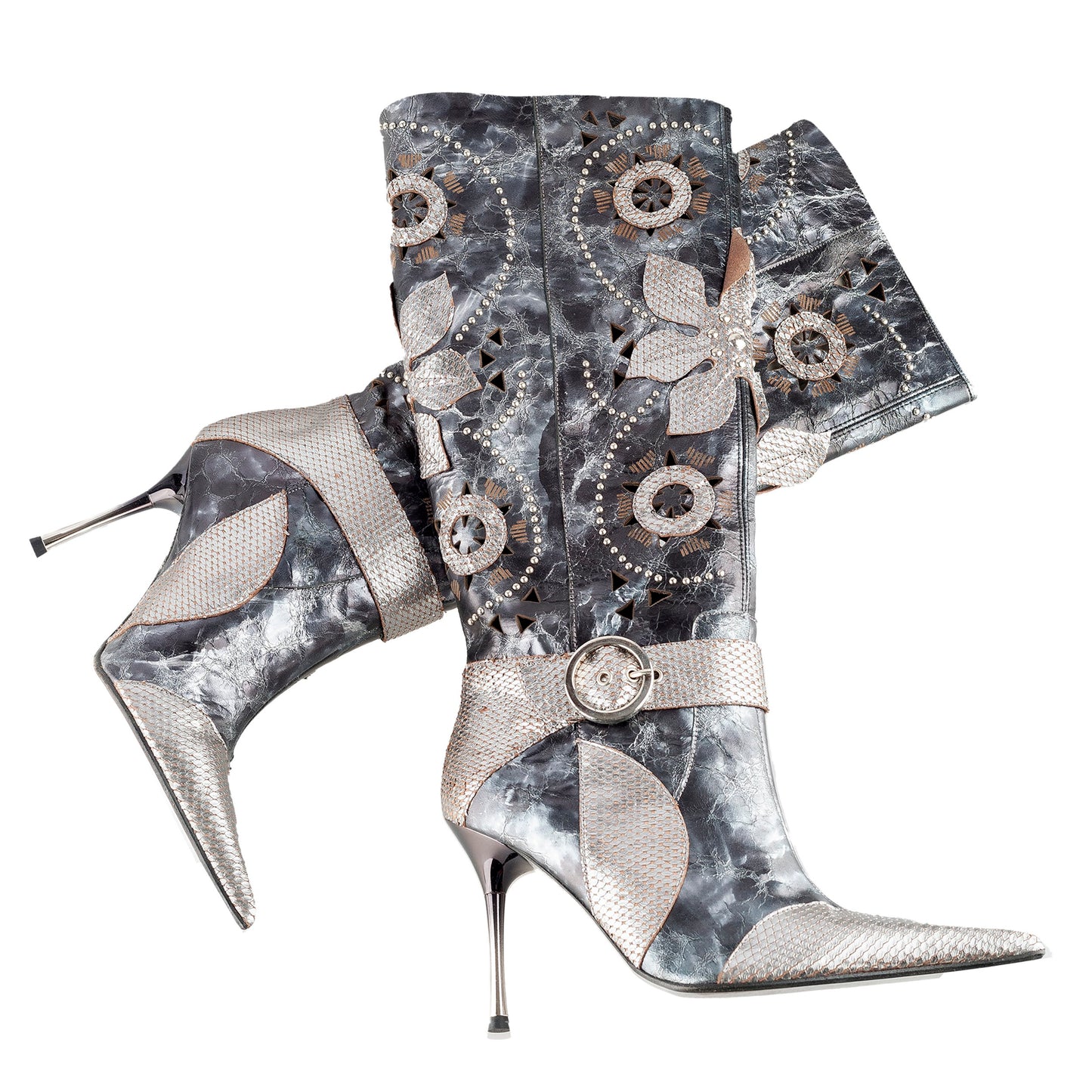 El Dantes Metallic Flowers Pointed Toe High Boots (39 EU)