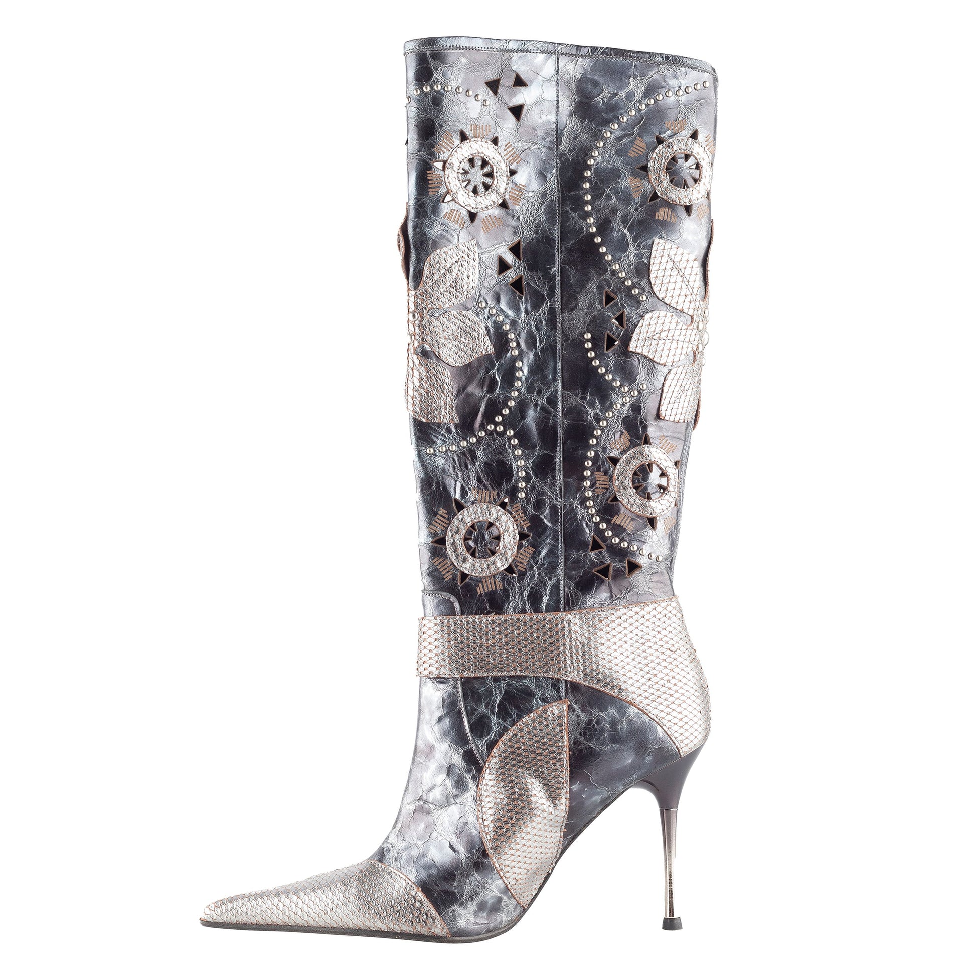 El Dantes Metallic Flowers Pointed Toe High Boots (39 EU)