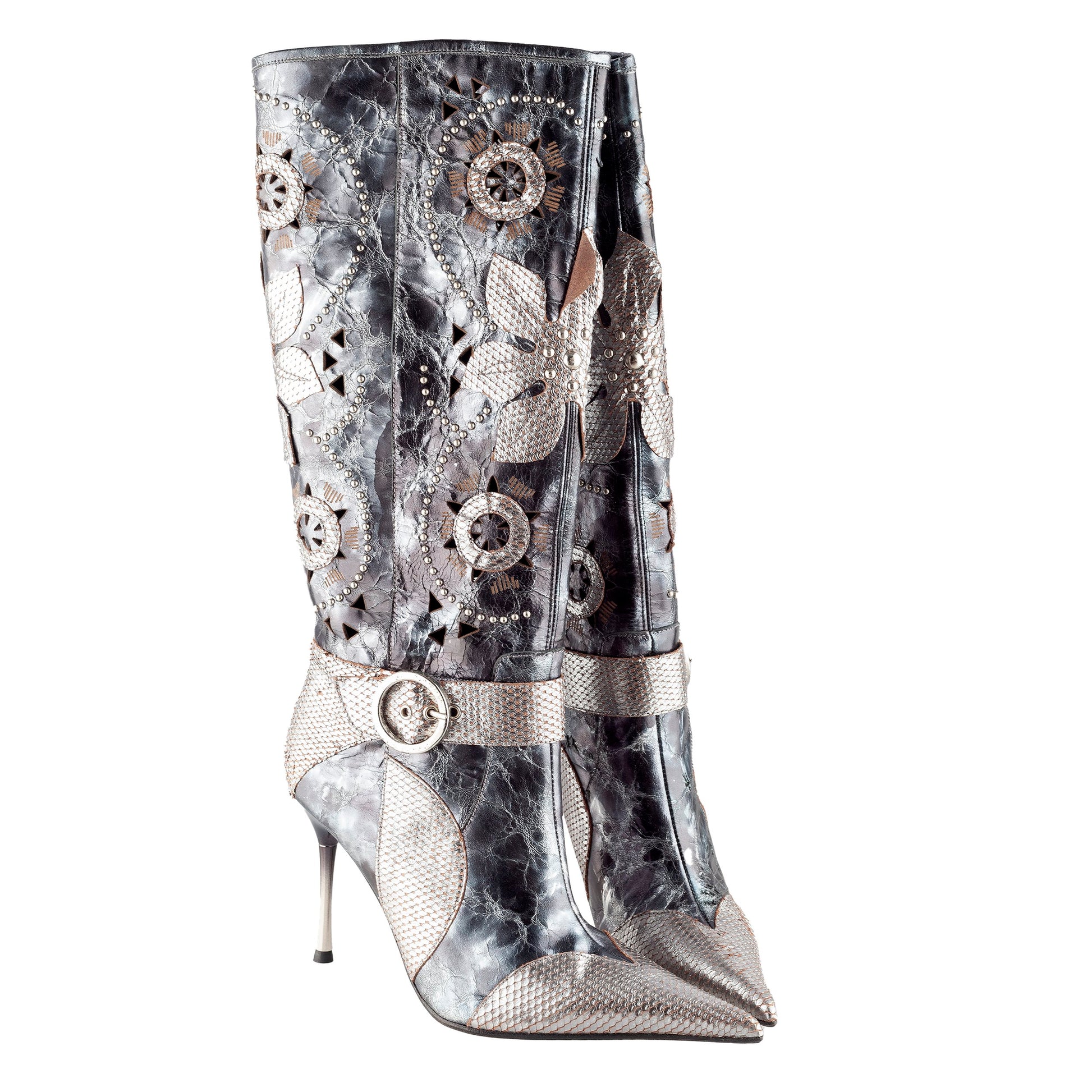 El Dantes Metallic Flowers Pointed Toe High Boots (39 EU)