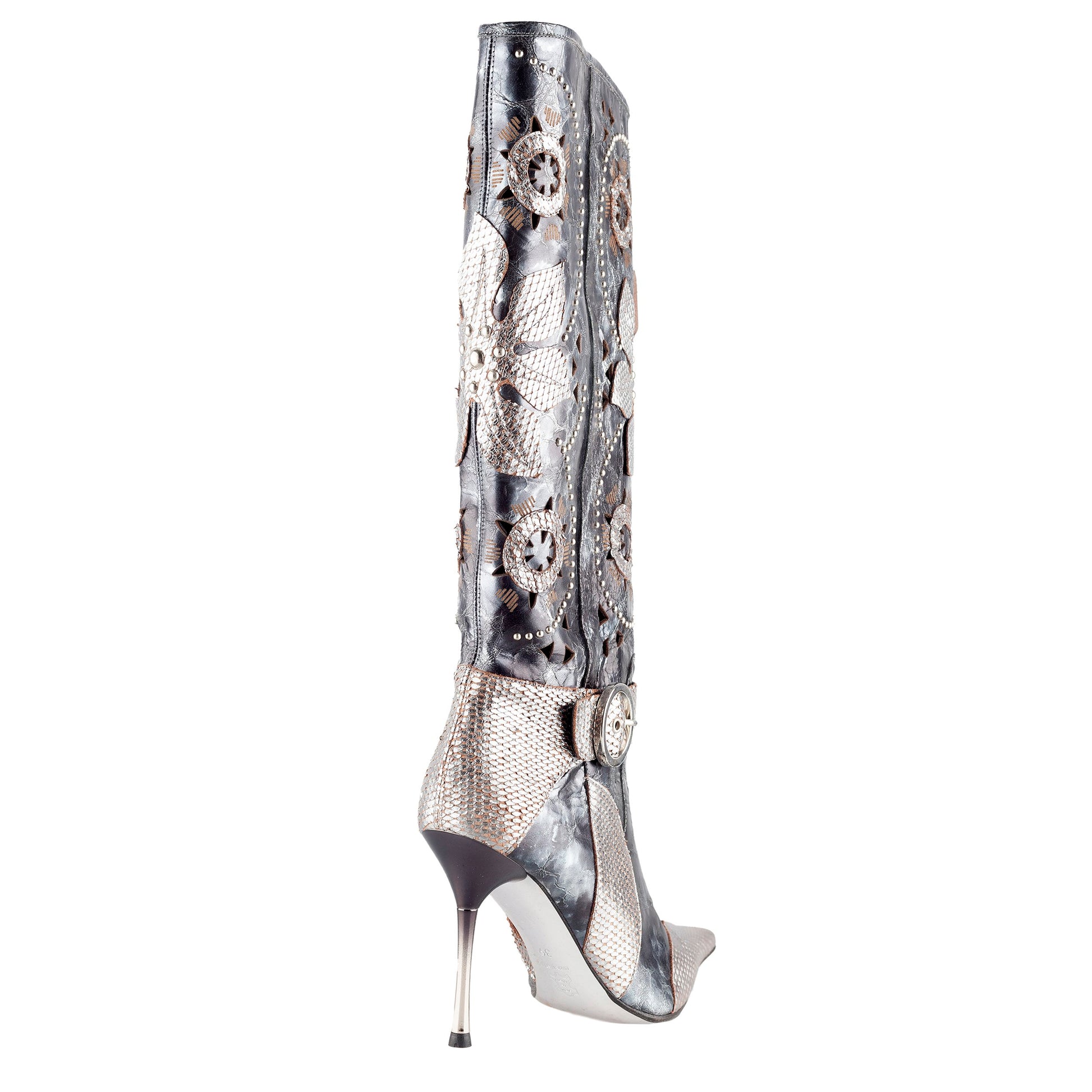 El Dantes Metallic Flowers Pointed Toe High Boots (39 EU)