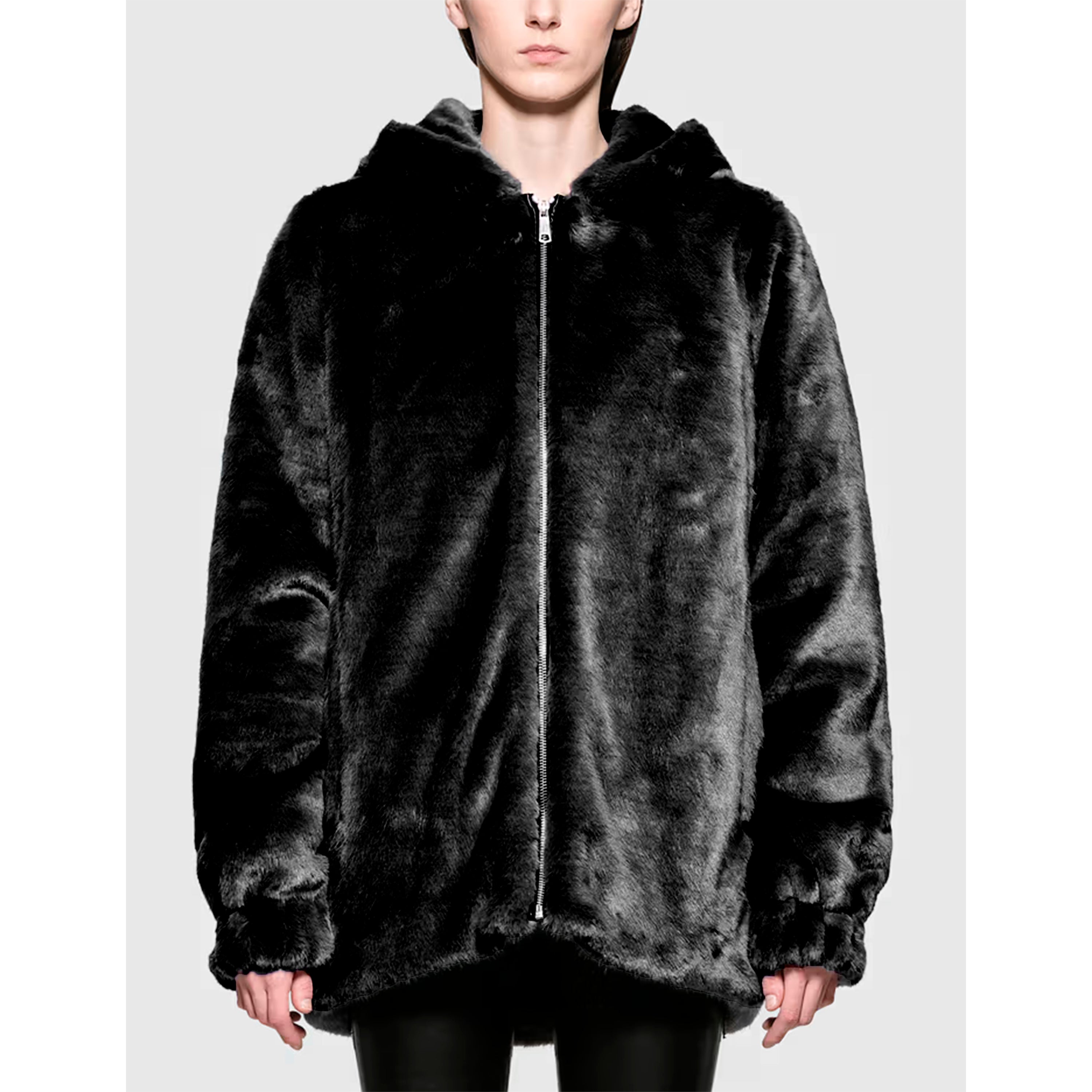 Helmut Lang Oversized Black Faux Mink Bomber Jacket