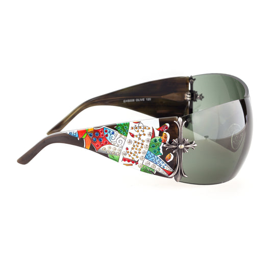 Ed Hardy by Christian Audigier EH0008 Olive Cross Shield Vintage Tattoo Sunglasses