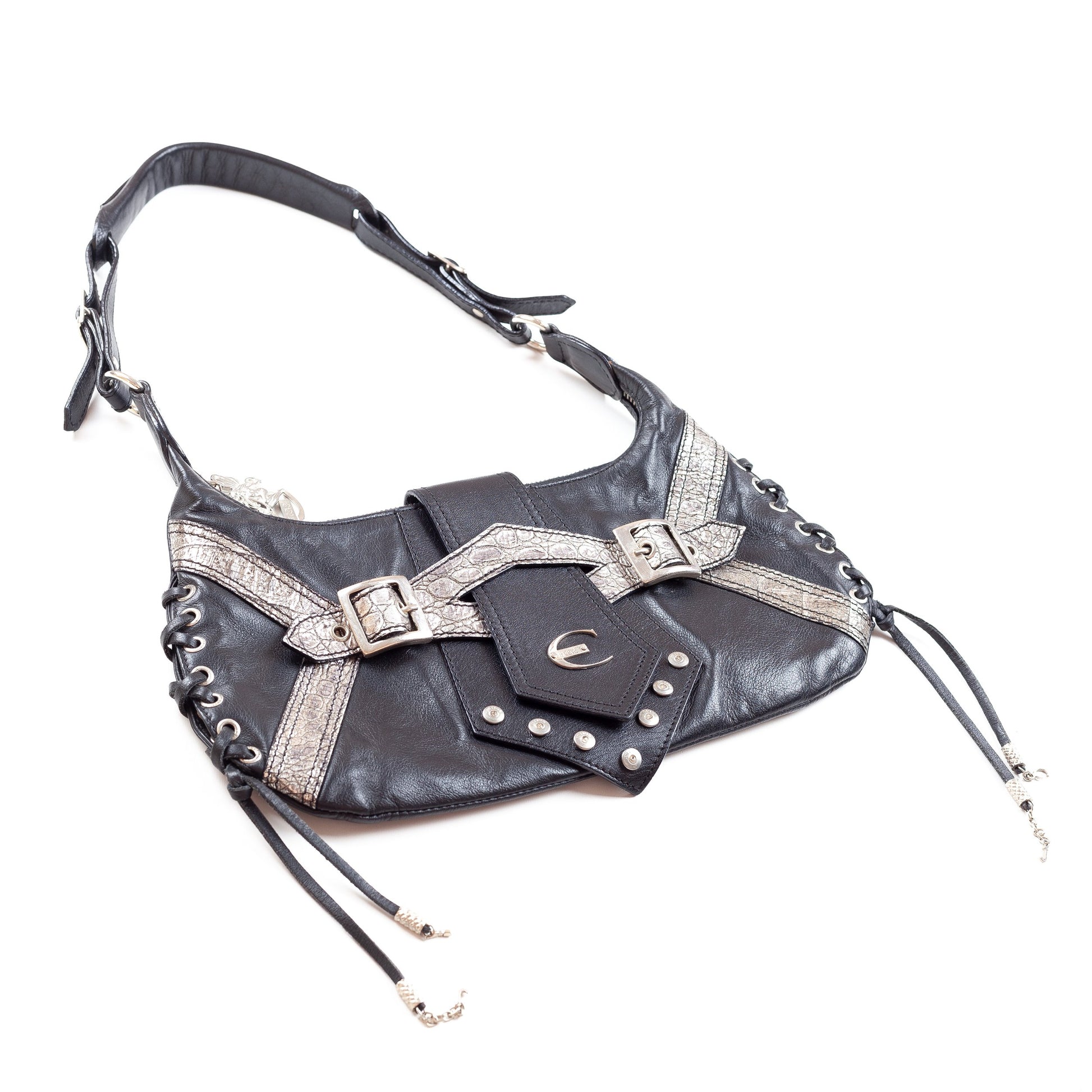 Just Cavalli Corset Black Leather Shoulder Bag