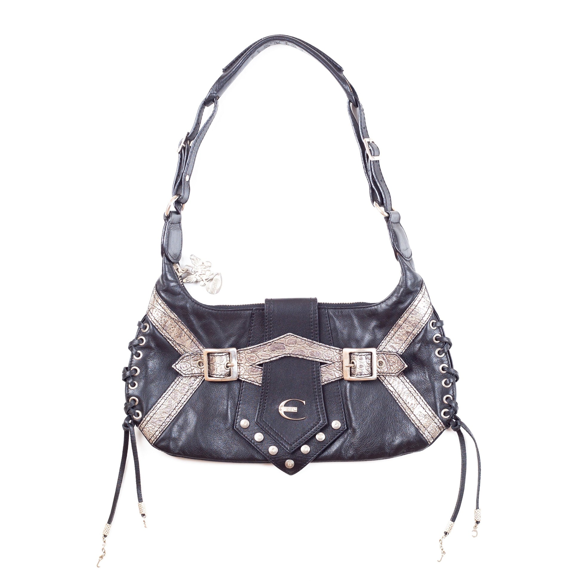 Just Cavalli Corset Black Leather Shoulder Bag