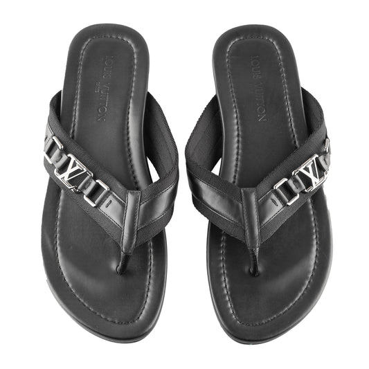 Louis Vuitton Black Thong Leather Logo Sandals  