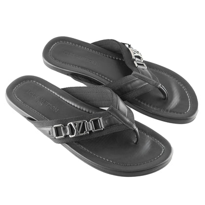 Louis Vuitton Black Thong Leather Logo Sandals  