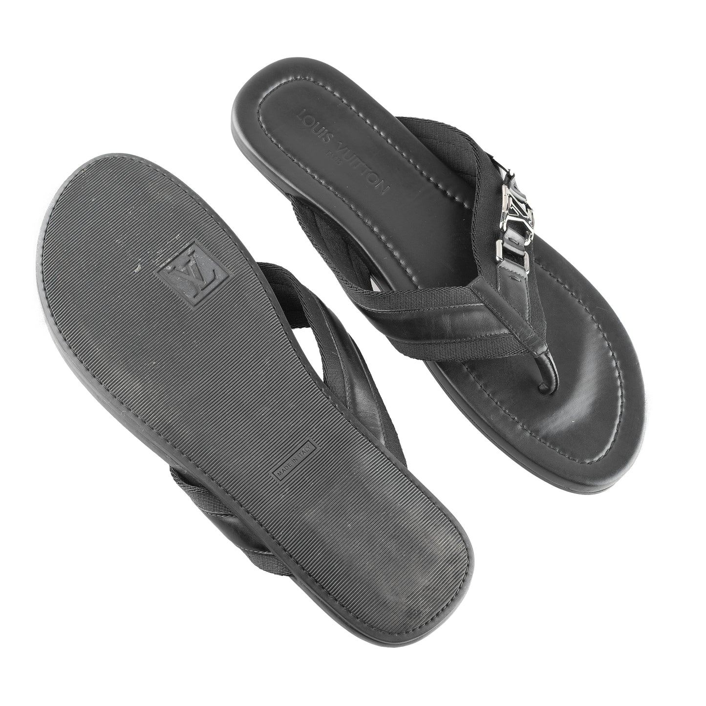 Louis Vuitton Black Thong Leather Logo Sandals