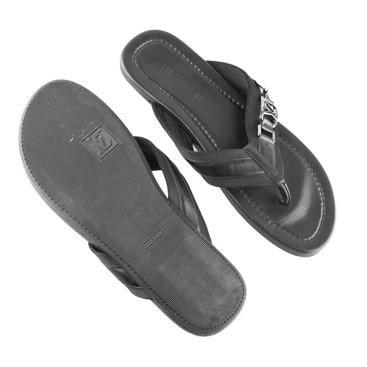 Louis Vuitton Black Thong Leather Logo Sandals  