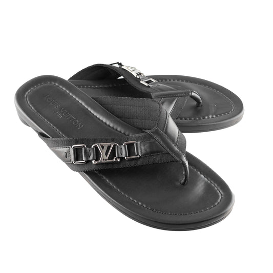 Louis Vuitton Black Thong Leather Logo Sandals  