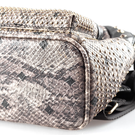 MCM Gray Snakeskin Studded Backpack