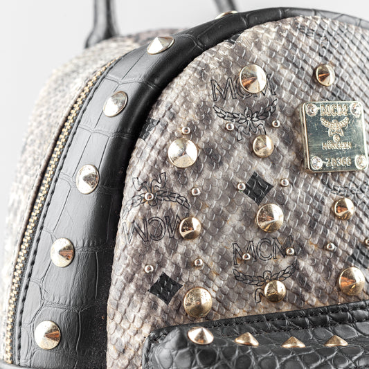 MCM Gray Snakeskin Studded Backpack