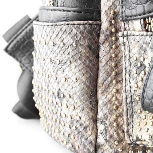 MCM Gray Snakeskin Studded Backpack