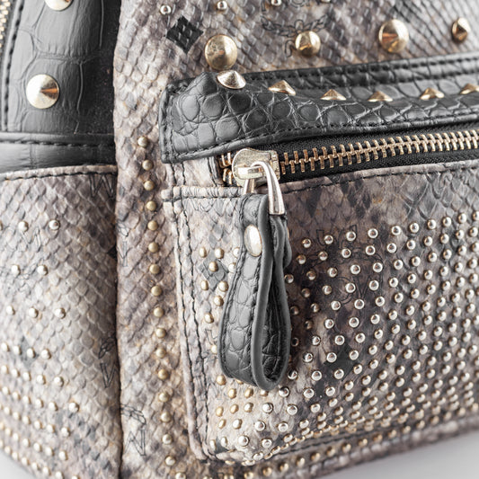 MCM Gray Snakeskin Studded Backpack