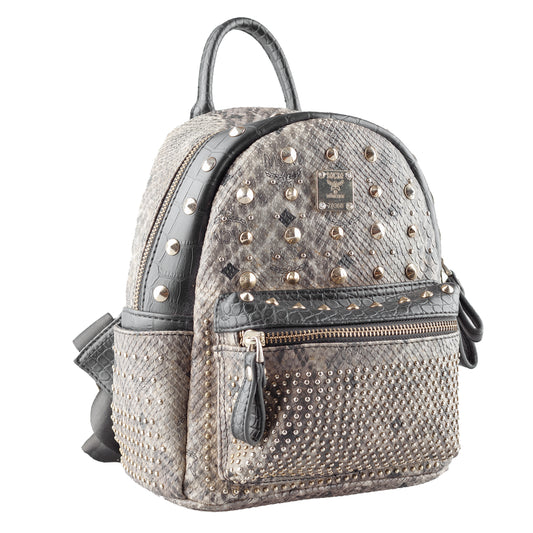 MCM Gray Snakeskin Studded Backpack